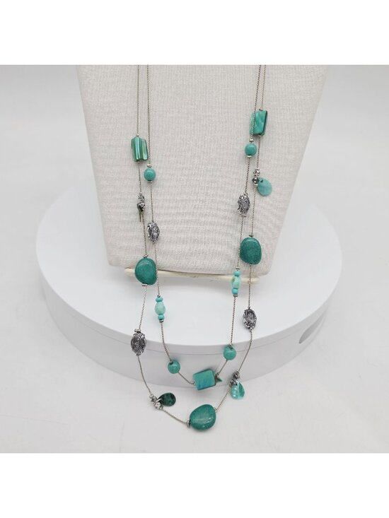 Unbranded Jewelry - Multi-Strand Silver Necklace With Turquoise Beads & Shell Accents Lobster Clasp